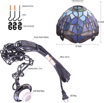 Werfactory® Tiffany Pendant Light Green Stained Glass Dragonfly Style Shade Hanging Lamp